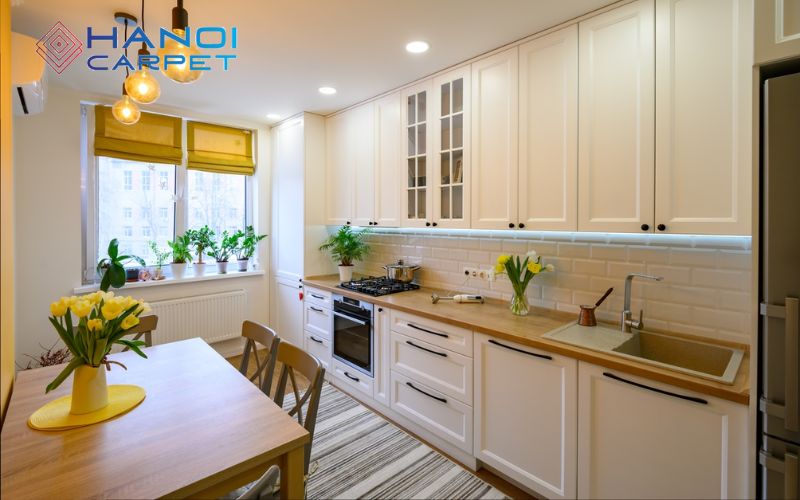 Cách sắp xếp đồ nội thất xung quanh thảm trang trí cho phòng bếp