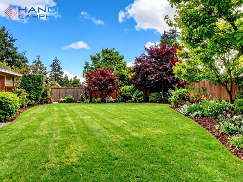 Kết hợp thảm cỏ với đá, đèn sân vườn tạo không gian ấn tượng