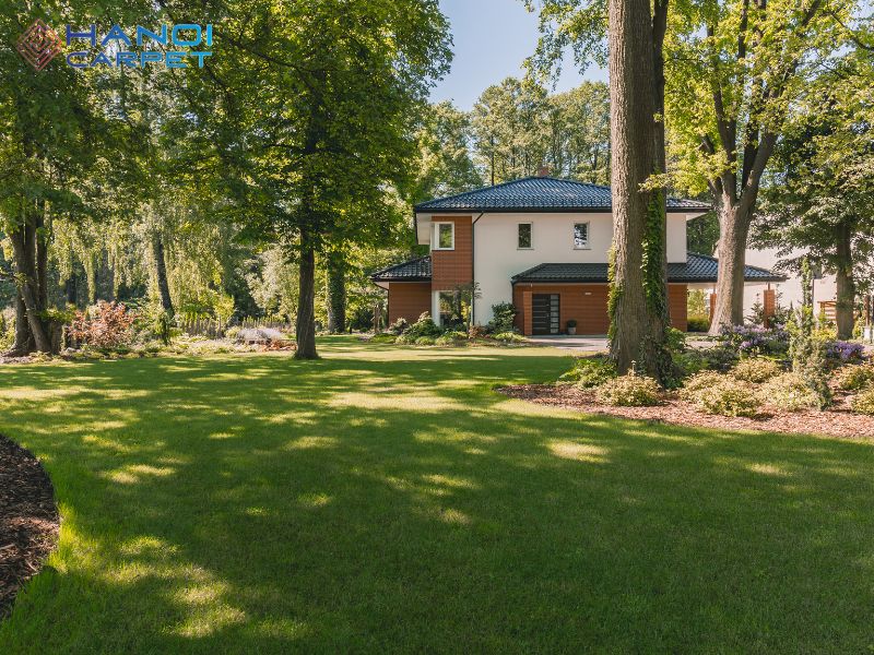 Thảm cỏ sân vườn phù hợp cho không gian ngoài trời, không phụ thuộc thời tiết