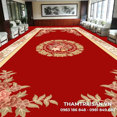 Hình ảnh thảm len dệt thủ công đỏ kem phối