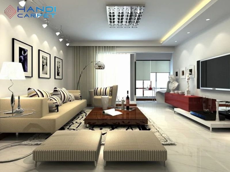 Không gian phòng khách sang trọng, với gam màu trung tính