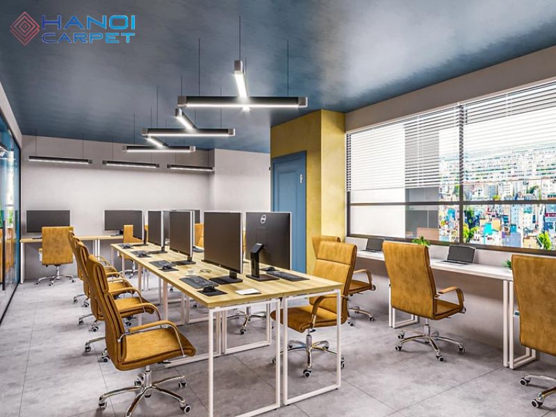 Không gian thiết kế văn phòng thập niên 1970 với bố cục mở, nội thất mang phong cách công nghiệp đặc trưng thời kỳ đầu