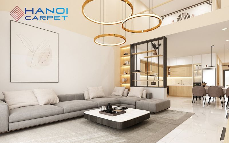 Đặt thảm trải sàn màu xám cho phòng khách