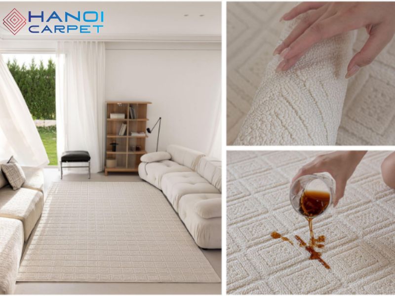 Thảm phòng khách 3x4m từ sợi tổng hợp là lựa chọn phổ biến trong nhiều gia đình hiện nay